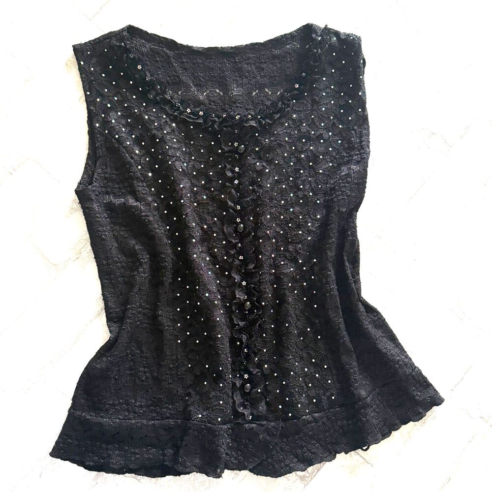 Romantic Y2K Black Sleeveless Lace Sequins Ruffled Hem Witchy Tank Top (No Sz)